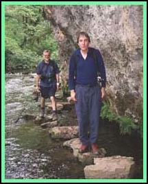 Mick and Larry on stepping stones. I wonder if Larry was still thinking about the barmaid at Chelmorton?